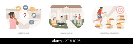 Studentenleben isolierte Konzeptvektor-Illustration Set. College Choice, College Campus, Bildungsweg, Beurteilungstest, Abschluss, Campus-Tour, Universitätsveranstaltungen, Bibliotheksvektorkonzept. Stock Vektor