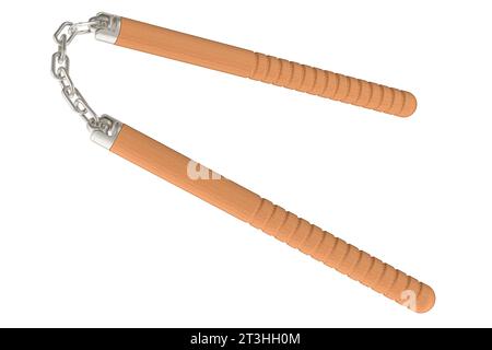 Nunchaku mit Holzgriffen, 3D-Rendering isoliert auf weißem Hintergrund Stockfoto