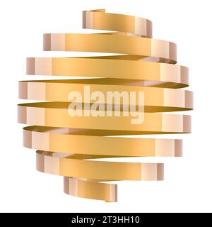 Goldener Bandstreifen als Kugelform. Firmenlogo. 3D-Rendering isoliert auf weißem Hintergrund Stockfoto