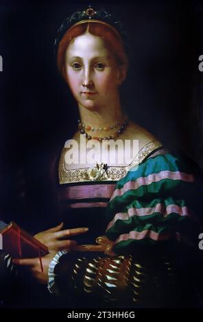 Porträt einer Dame 1550-60 Bronzino Italienisch, Museum, Italien. (Frau mit einem undurchdringlichen Blick. Sie leugnet uns einen Blick auf ihre inneren Gefühle, aber signalisiert ihre soziale Klasse. Ihr prunkvolles Kostüm und ihre Auswahl an Accessoires sprechen für sie. Agnolo di Cosimo, auch Bronzino oder Agnolo Bronzino genannt, war ein italienischer manieristischer Maler aus Florenz. Stockfoto