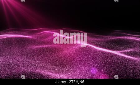 Das kräuselnde abstrakte Meer in den Sonnenstrahlen. Sprüh über das Wasser. Fraktales Rauschen von Partikeln. 3D-Rendering. Stockfoto