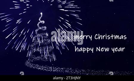 Frohe Weihnachten und frohe Neujahrsgrüße. Feuerwerk, das einen Weihnachtsbaum am Himmel zeichnet. Schneeflocken fallen langsam. 3D-Rendering. Stockfoto