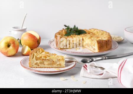 Stück hausgemachter süßer Apfelkuchen. Hergestellt aus Äpfeln, Mandel, Vanille und Vanillepudding Stockfoto