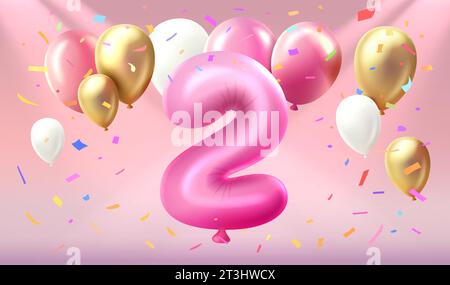 Happy Birthday Years Jubiläum der Person Geburtstag, Ballon in Form von Zahlen zwei des Jahres. Vektor Stock Vektor