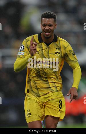 Borussia Dortmunds Felix Nmecha feiert, nachdem er sein erstes Tor beim Spiel der UEFA Champions League Gruppe F zwischen Newcastle United und Borussia Dortmund in St. erzielte James's Park, Newcastle am Mittwoch, den 25. Oktober 2023. (Foto: Mark Fletcher | MI News) Credit: MI News & Sport /Alamy Live News Stockfoto