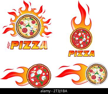 Vektor Logo Set Pizzeria mit Flamme.Design Vorlage Stock Vektor