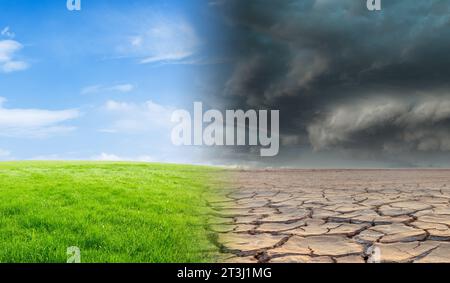 Landschaft mit grünem Gras mit einem Baum und einer getrockneten Wüste. Konzept des globalen Klimawandels. Stockfoto
