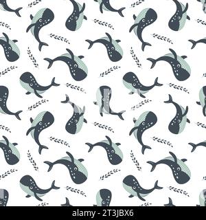 Nahtloses Muster mit Meerestieren. Blauwal im Ozean zwischen Meerespflanzen auf weißem Hintergrund. Vektorillustration. Design für Kinderteig, p Stock Vektor