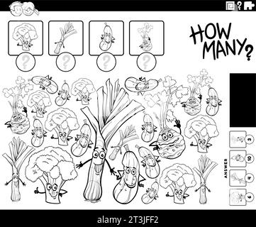 Schwarz-weiß-Illustration der pädagogischen Zähltätigkeit mit Comic-Comic-Gemüse-Ausmalseite Stock Vektor