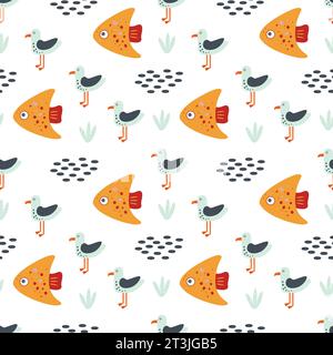 Nahtloses Muster mit Meerestieren. Eine Möwe und ein heller Fisch im Ozean zwischen Meerespflanzen auf weißem Hintergrund. Vektorabbildung. Design für Stock Vektor