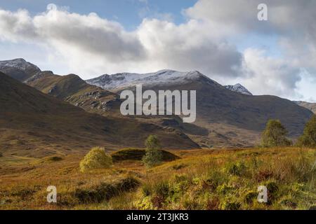 Herbstlandschaft der Highlands mit schneebedeckten Berggipfeln, Glen Sheil Ridge, River Cluanie Valley, Schottland, Großbritannien Stockfoto