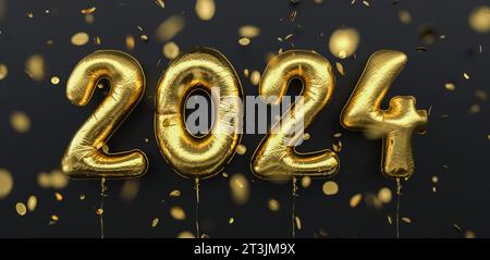 Happy New 2024 Year. 2024 goldene Folienballons und fallendes Konfetti auf schwarzem Hintergrund. Zahlen des goldenen Heliumballons. Festliches Poster- oder Bannerkonzept Stockfoto