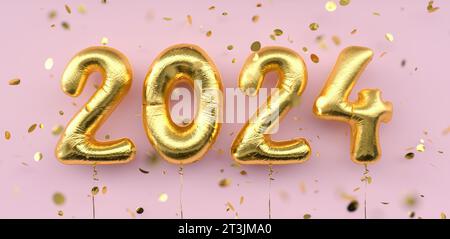 Happy New 2024 Year. 2024 goldene Folienballons und fallendes Konfetti auf rosa Hintergrund. Zahlen des goldenen Heliumballons. Festliches Poster- oder Bannerkonzept Stockfoto