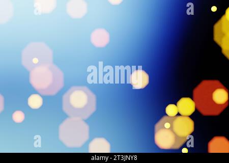 Verschwommenes Bokeh-Hintergrundbild mit gelben und roten Lichtern auf blauem Hintergrund, 3D-Rendering Stockfoto