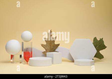 Herbstpräsentation für das Produkt. Geometrische Figuren, Physalis und trockene Blätter auf beigefarbenem Hintergrund Stockfoto