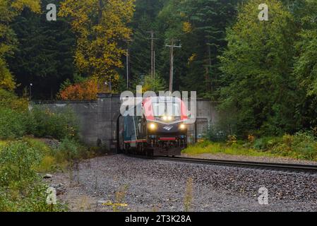 Skykomish, WA, USA - 22. Oktober 2023; Amtrak Empire Builder-Personenzug steigt aus dem Kaskadentunnel aus Stockfoto