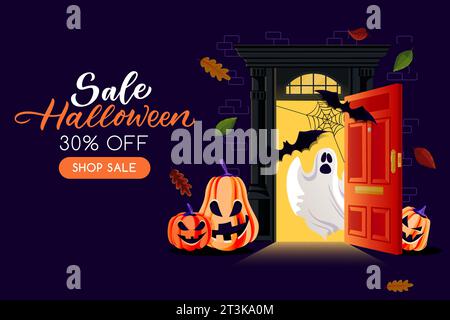 Nachthintergrund mit offener Lichttür mit Geist, Fledermäusen und Kürbislaternen. Vektor-Zeichentrick-Illustration. Halloween-Weihnachtsplakat, Banner-Vorlage. P Stock Vektor