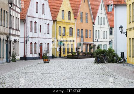 Hjarup, Schweden - 21. Oktober 2023: Blick auf die Hauptstraße im Wohnviertel Jakriborg mit Häusern, die Ende der 1990er Jahre erbaut wurden und von Wohnhäusern inspiriert wurden Stockfoto