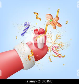 3D Weihnachtsmann Hand in rotem Fäustling mit Geschenken Stock Vektor