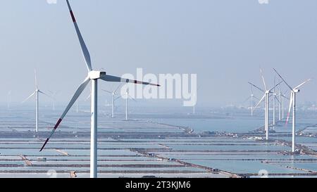 LIANYUNGANG, CHINA - 26. OKTOBER 2023 - Wind- und Photovoltaik-Stromerzeugung im Dorf Haidi, Stadt Lianyungang, Provinz Jiangsu, China, Oktober Stockfoto
