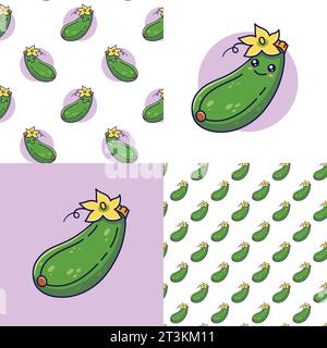 Set mit süßen Kawaii Zucchini Mustern. Flaches Symbol für Lebensmittel Gemüse. Cartoon Zucchini nahtloses Muster, Doodle-Stil. Handgezeichnete Vektorgrafik. Patte Stock Vektor