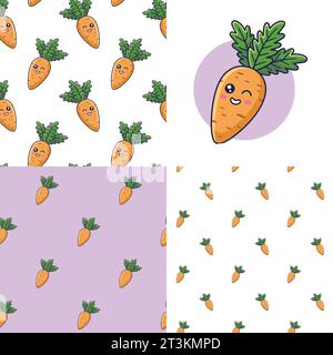 Set mit süßen Kawaii-Karotten-Mustern. Flaches Symbol für Lebensmittel Gemüse. Cartoon Carrot nahtloses Muster, Doodle-Stil. Handgezeichnete Vektorgrafik. Muster Stock Vektor