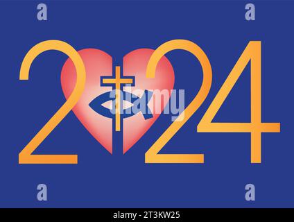 Jesus-Fischsymbol in einem Herzsymbol, Neujahr 2024. Christentum Fischsymbol mit Kreuz. Gelbe Inschrift 2024 auf blauem Hintergrund. Stock Vektor