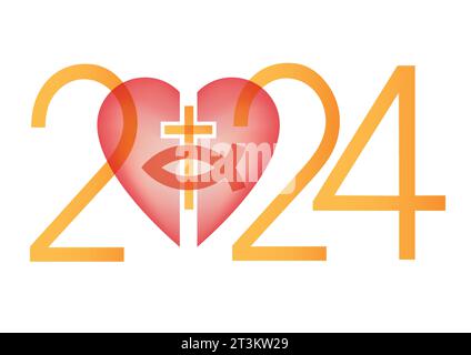 Jesus-Fischsymbol in einem Herzsymbol, Neujahr 2024. Christentum Fischsymbol mit Kreuz. Gelbe Aufschrift 2024. Isoliert auf weißem Hintergrund. Stock Vektor