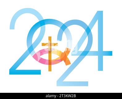 Jesus-Fischsymbol, Neujahr. 2024 Neujahr mit Jesu Fischsymbol mit Kreuz. Isoliert auf weißem Hintergrund. Vektor verfügbar. Stock Vektor