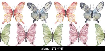 Aquarell Schmetterling nahtlose Grenze, handgezeichnete Schmetterlinge wiederholen Muster. Abbildung des Mottenrahmens Stockfoto