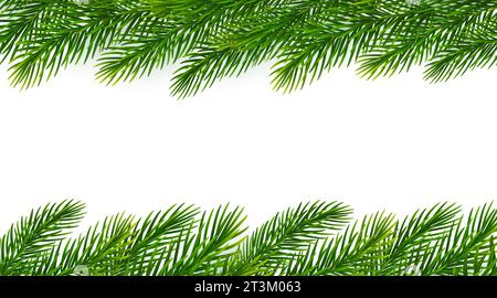Weihnachtsdekoration realistischer Tannenzweige auf weißem Hintergrund. Rahmen für Weihnachtsbaumzweige zur Begrüßung von Neujahrs- und Weihnachtskarten Stock Vektor