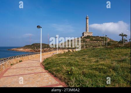 Wanderweg zum Leuchtturm in Cabo de Palos in der Nähe von Murcia, Spanien. Stockfoto