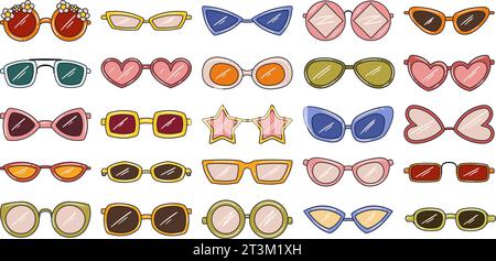 Set aus verschiedenen Hippie-Sonnenbrillen im Retro-Stil. Verschiedene Formen wie Kreis, Herzform, mit Blumen, Sternform. Stock Vektor