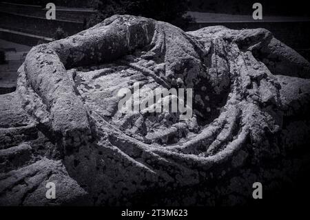 Das kopflose Bildnis des antiken Etruskers in Tuscania, Latium, Italien. Auf einen Sarkophag-Deckel geschnitzt. Schwarzweißversion des Originalfotos in warmem Ton. Stockfoto