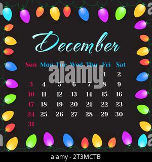 Dezember 2023 Kalender. Dezember 2023 Kalendervektor-Illustration mit Weihnachtslichtern auf schwarzem Hintergrund. Kalendervektorvorlage, Einfach Minimal Stock Vektor