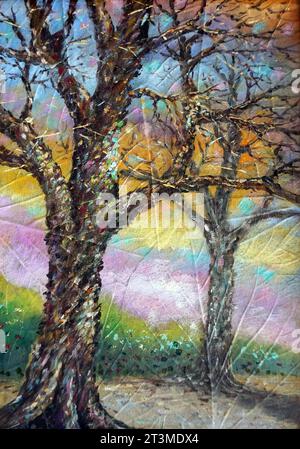 Handgemalte Original Impressionismus Meisterwerke Maler professioneller Künstler Kunst Ölmalerei trockene Baumzweige im Garten natürliche Schönheit Frühling Stockfoto