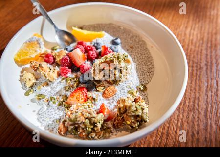 Chia-Pudding mit hausgemachtem Kokosnussgranola, Erdnussbutter und Beeren in einer grauen Schüssel. Gesunde pflanzliche Ernährung, Entgiftung, Sommerrezept. Frühstück im Stockfoto