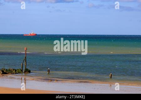 Meeresfischer bei Ebbe am Strand in Sheringham, Norfolk, England, Großbritannien Stockfoto