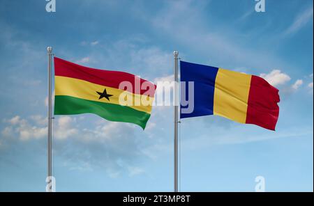 Die Flagge der Republik Tschad und Ghana winken zusammen im Wind auf blauem bewölktem Himmel, zwei Länder-Beziehungskonzept Stockfoto