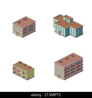 Set von isometrischen Gebäuden, Vektorillustration. Stock Vektor