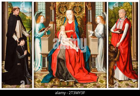 Triptychon von Madonna und Kind mit Engeln, Stifter und seinem Schutzpatron, dem heiligen Peter Martyr und dem heiligen Jerome und seinem Löwen, Ölgemälde auf Tafel des Meisters der Legende von St. Lucy, vor 1483 Stockfoto