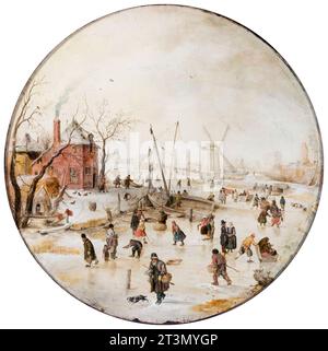 Hendrick Avercamp, gefrorener Fluss mit Eiskunstläufern, Ölgemälde auf Platte, 1620-1629 Stockfoto