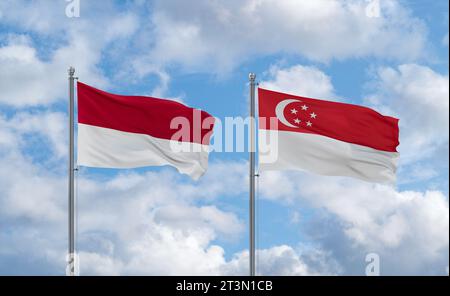 Republik Singapur und Indonesien und Bali-Flaggen, die zusammen im Wind auf blauem bewölktem Himmel winken, zwei Länder-Beziehungskonzept Stockfoto