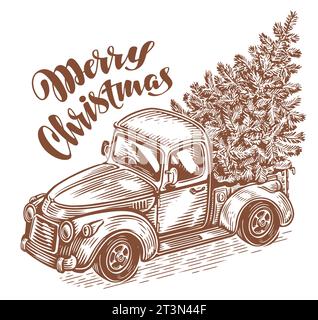 Handgezeichneter Retro-Truck und Weihnachtsbaum auf der Rückseite eines Autos. Happy Holidays Skizze Vektor Illustration Stock Vektor