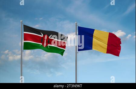 Die Flagge der Republik Tschad und Kenia winken zusammen im Wind auf blauem bewölktem Himmel, zwei Länder-Beziehungskonzept Stockfoto