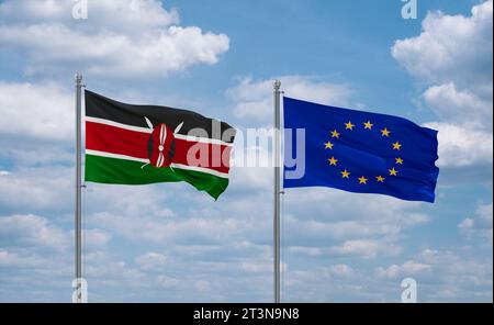 Die Fahnen der Europäischen Union und Kenias schwenken zusammen im Wind auf blauem bewölktem Himmel, Beziehungskonzept Stockfoto
