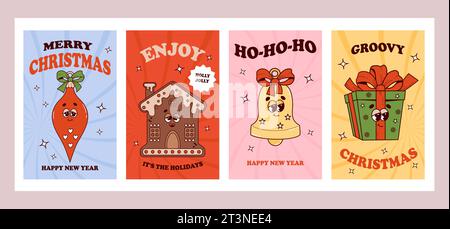 Groovige Weihnachtsplakate. Retro-Zeichentrickfiguren Lebkuchenhaus, Baumspielzeug und Geschenk. Vibes 70s. Frohe Weihnachten und frohes neues Jahr. Grußkarte Stock Vektor
