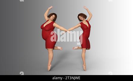 Konzeptionelles Fett übergewichtig fettleibig weiblich vs Slim Fit gesunden Körper nach Gewichtsverlust oder Diät mit Muskeln dünne junge Frau isoliert. Eine 3D-Illustration Stockfoto