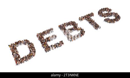 Konzept oder konzeptionelle große Gemeinschaft von Menschen, die das Wort SCHULDEN bilden. 3D Illustration Metapher für finanzielle Belastung durch Hypotheken Stockfoto