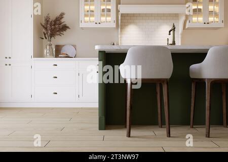 Helle Küche in warmen Farben mit einer grünen Insel. Kücheneinrichtung mit Haushaltsgeräten und Utensilien. 3D-Rendering Stockfoto